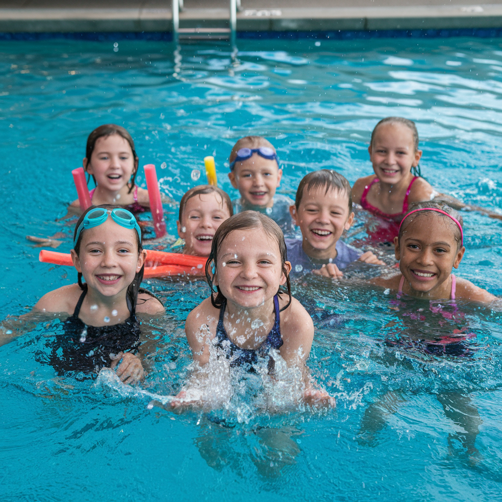 Happy children enjoying swimming lessons